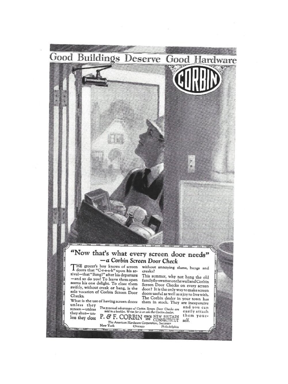 Print Ad Corbin Screen Door Check Vintage 1920s Hardware Buildings Deserve AD